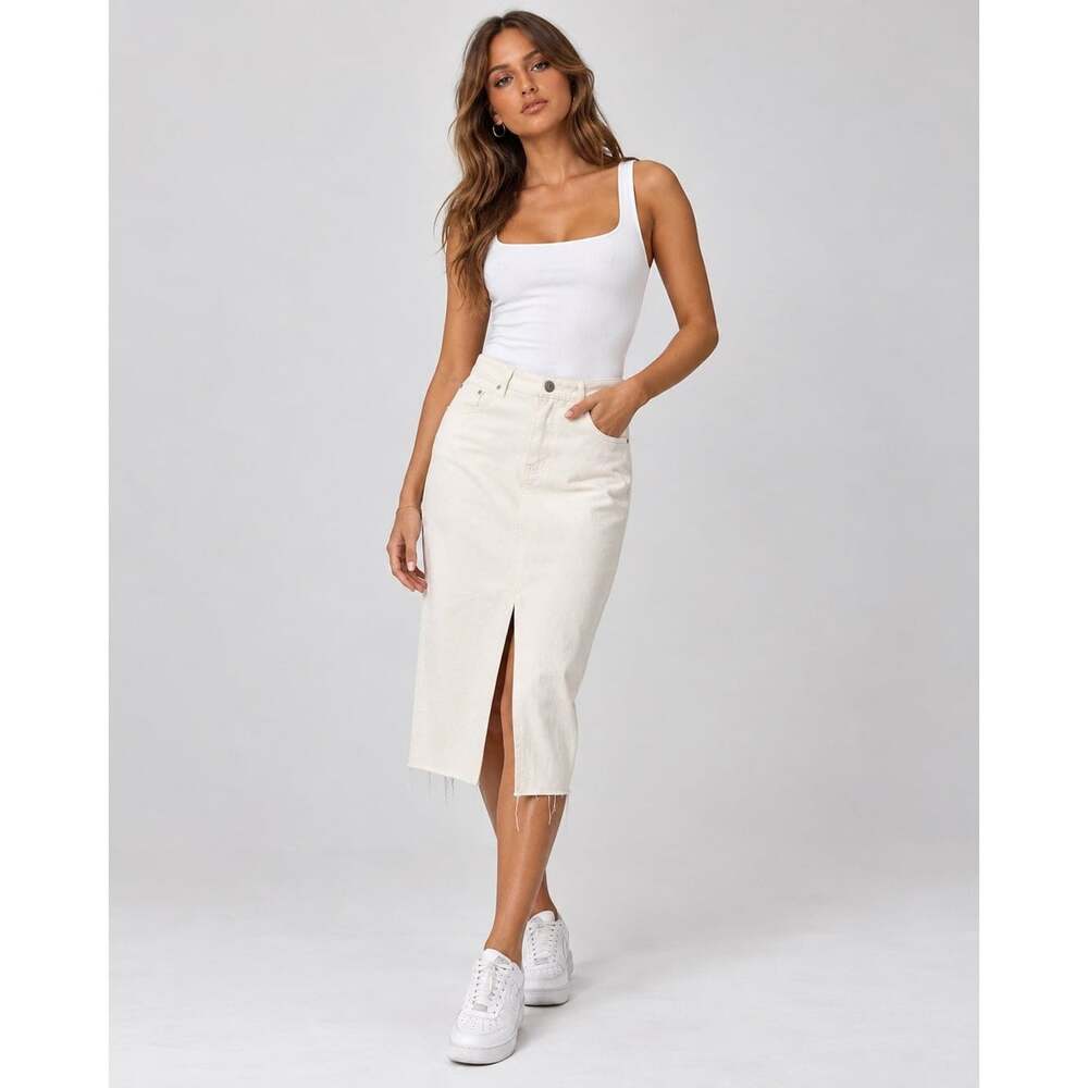 Bella Fiori x Princess Polly Women’s US 4 Ivory Denim Midi Skirt Front Slit EUC